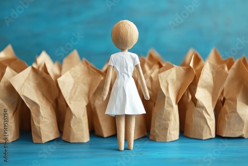 Girl Figure in White Dress Surrounded by Brown Paper Bags on Blue Background, Symbolizing Isolation and Individuality in a Crowd