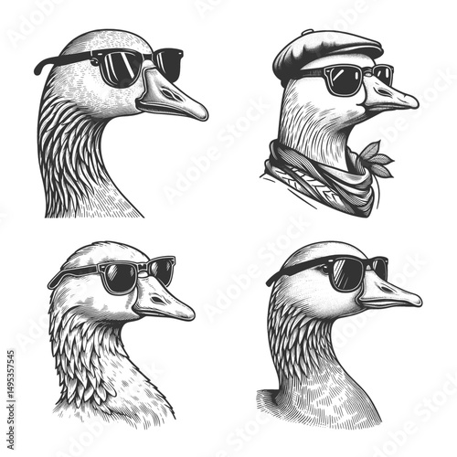 goose wearing sunglasses Set collection bundle sketch engraving generative ai vector illustration. Scratch board imitation. Black and white image.