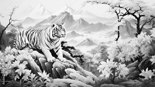 Japanese and Chinese style tiger painting with a gray mountain landscape in the background.