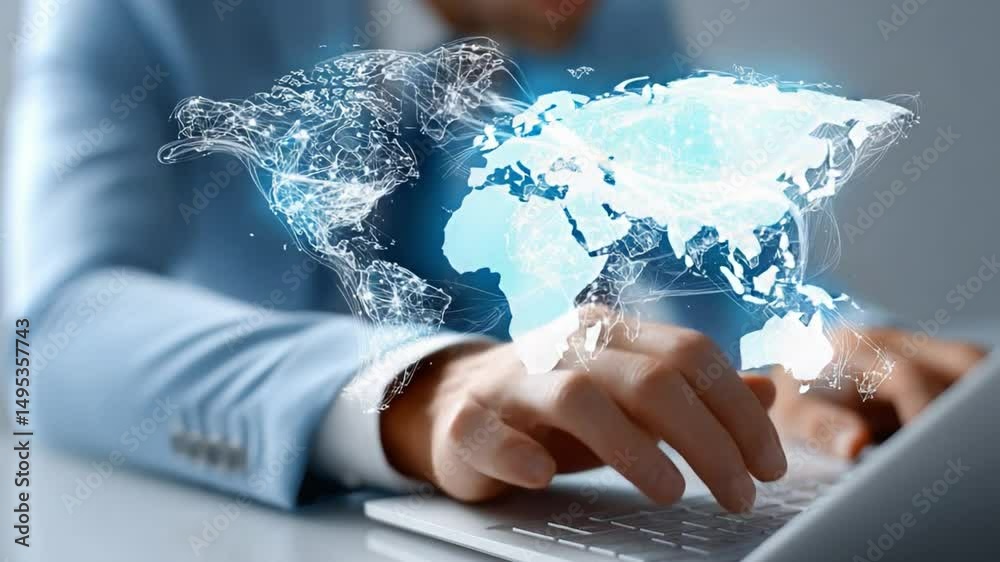 Global Connection Through Technology: A professional's hands expertly navigate a laptop, seamlessly merging with a digital rendition of the world map.