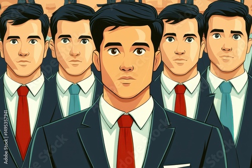 Unique perspective on individuality in a group setting featuring a confident man in a suit among several uniformed peers, exemplifying identity and self-expression
