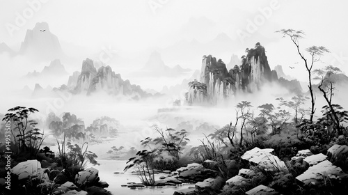 Landscape painting of high mountains, fog and flowers, grayscale image