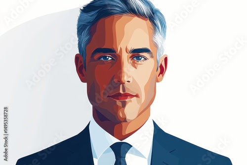 Professional portrait of a confident businessman with gray hair, striking blue eyes, wearing a suit against a minimalist white background