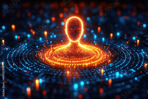 Futuristic Digital Human Figure in Abstract Data Space with Glowing Circles and Dots Representing Technology and Connectivity