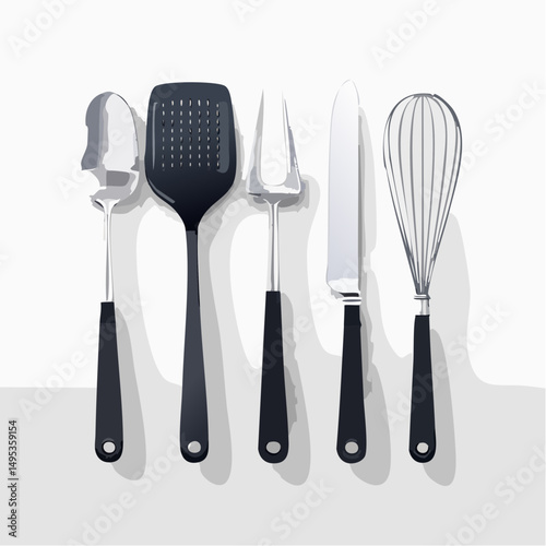 Modern Minimalist Kitchen Utensil Set Spatula, Ladle, Whisk, Fork, and Knife