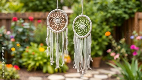 handgeknüpfte Traumfänger mit langen Fransen hängen im Garten, umgeben von bunten Blumen – boho-inspirierte Gartendeko. photo