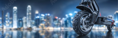 Wallpaper Mural In the foreground, a cutting-edge electric scooter boasts a modern design, juxtaposed with the urban landscape and providing sufficient space for written content Torontodigital.ca