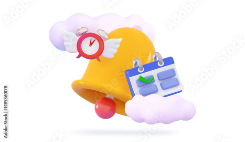 3D Bell, calendar and alarm clock with wings Time counting Deadline alert Business planning Appointment Agenda Planning concept