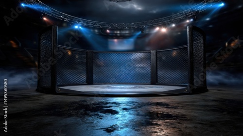 MMA Cage Under Spotlight: An empty MMA cage stands illuminated by spotlights in a dimly lit arena, creating an atmosphere of anticipation and excitement.