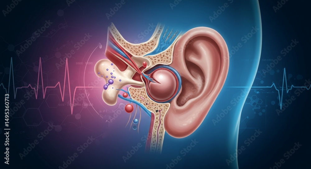Fototapeta premium Illustration of the human ear anatomy with a heartbeat line, emphasizing auditory health.