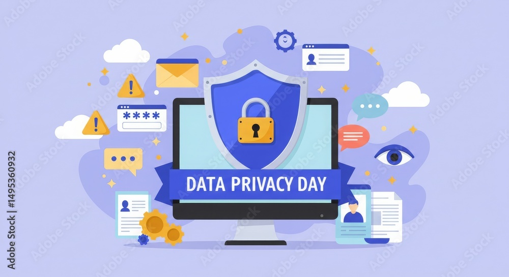 Obraz premium Illustration promoting Data Privacy Day with a shield, computer, and various privacy-related icons.