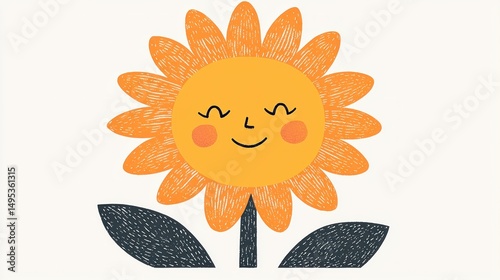 Happy sunflower illustration, white background, children's book