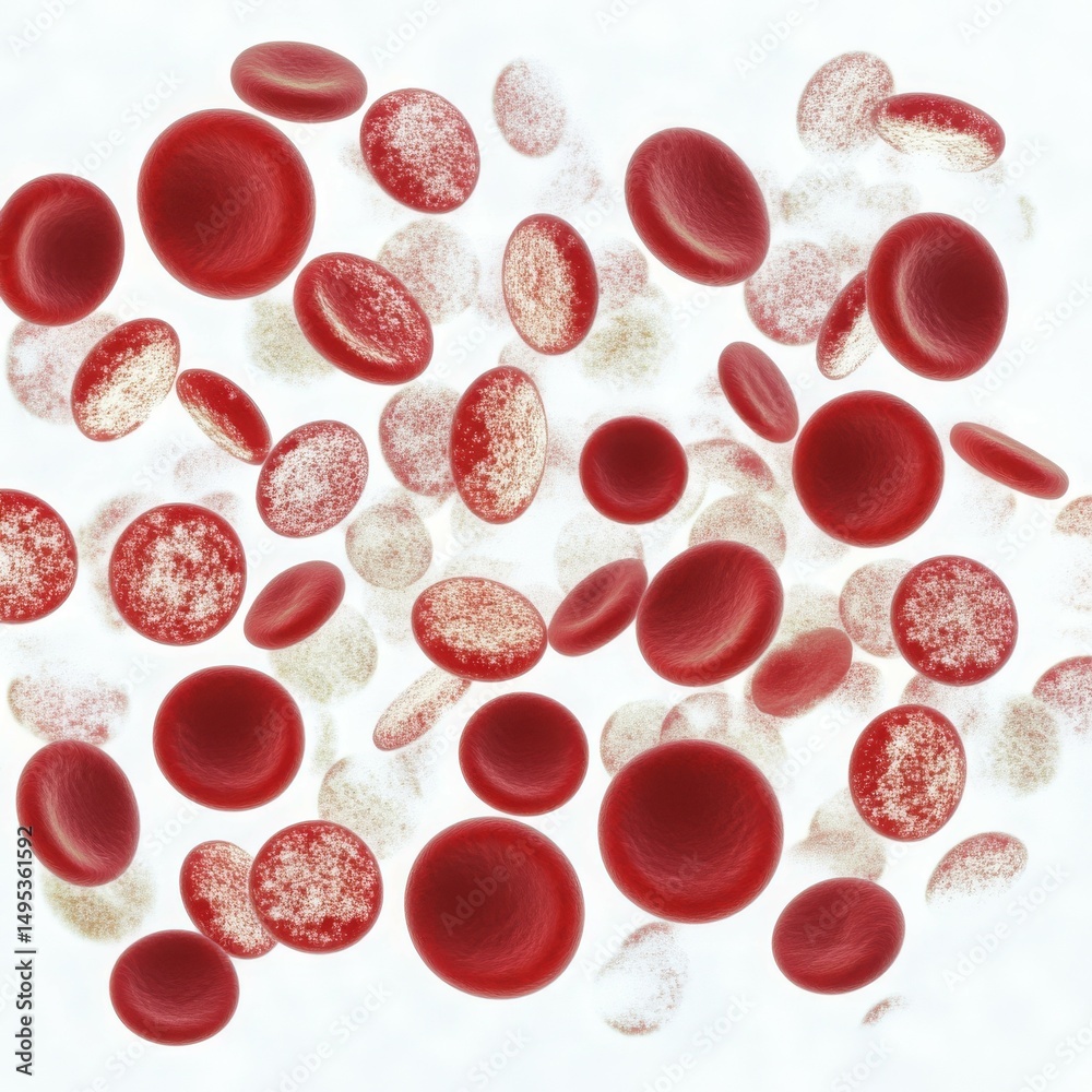 Fototapeta premium Microscopic view of red blood cells and white blood cells in a scientific representation.