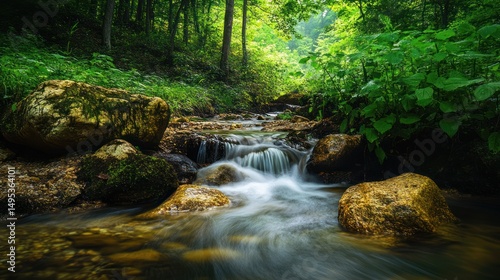 Serene woodland stream cascading over mossy stones in a lush forest