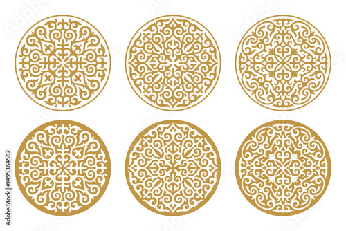 Vector Set of different gold ornaments in Kazakh style isolated on a white background. Round decor in two variant the positive and negative. Elements of the national pattern of the ancient nomads