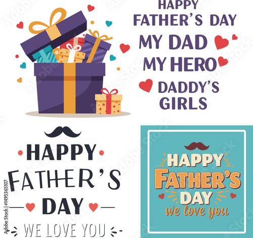Happy Father's Day We Love You – Heartwarming Greeting Card with Dad and Kids, Flat Vector Illustration for Family Celebration
