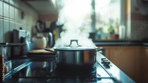 Pot with steam on a stove in a kitchen