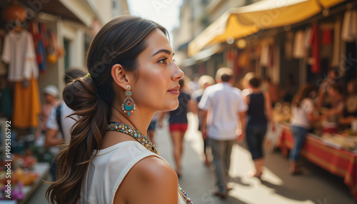 Curious woman exploring local market, vibrant street atmosphere