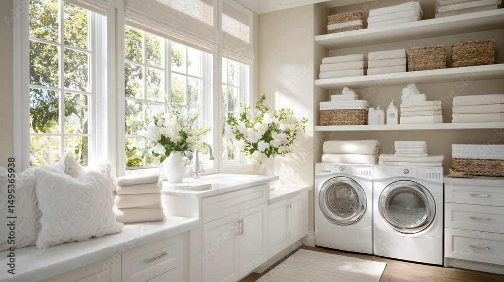 A clean and serene laundry space in white and ivory, pastel towels stacked neatly, and bright diffused window light illuminating every corner 21984333 2 A clean and serene laundry space in white and ivory, pastel towels stacked neatly, and bright diffused window light illuminating every corner 21984333 2
