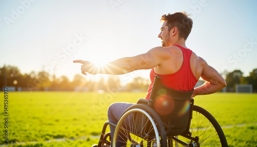 Energetic athlete in wheelchair participating in sports, morning sun