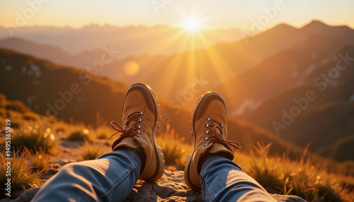 Relaxed hiker enjoying sunset view on a rocky mountain, outdoor serenity