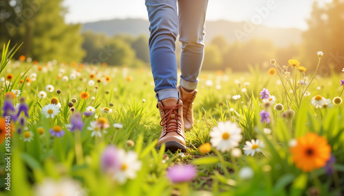 Joyful person walking through wildflower meadow, embracing freedom