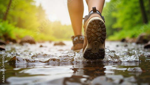 Person confidently crossing a stream in forest, adventurous spirit