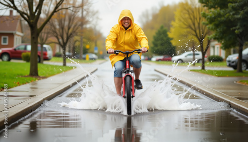 Playful cyclist splashing through puddles, joyful suburban adventure