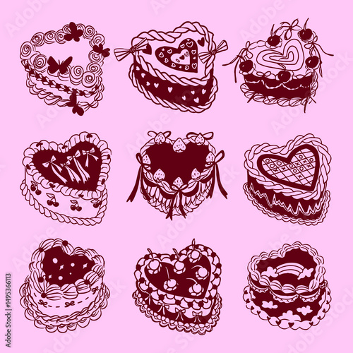 Hand Drawn Heart Shaped Cake Doodle Clipart Set with Cherries, Ribbons, and Decorative Toppings on Pink Background