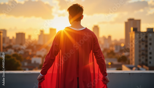 Heroic figure in a cape overlooking urban skyline at sunset, empowerment