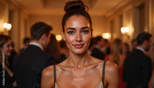 Confident woman at elegant social event, empowerment through connection