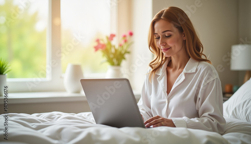 Woman working on laptop in bed during afternoon, cozy productivity