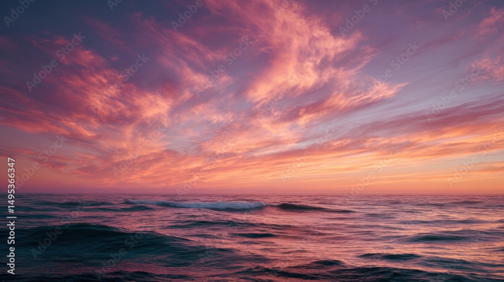 Obraz premium Dramatic Pink Sunset Over Ocean Waves, Evoking Serenity and Peaceful Escape for Travel and Tourism Marketing : Generative AI