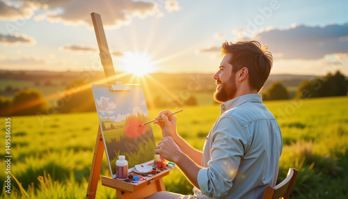 Joyful artist painting outdoors in scenic countryside, creative expression