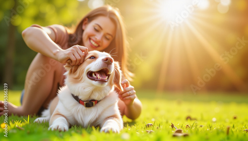 Joyful woman playing with a dog in a sunlit garden, pure happiness