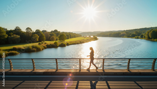 Person walking across scenic river bridge during afternoon, calm nature