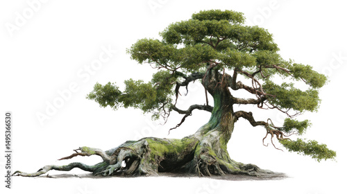 Wallpaper Mural Ancient Bonsai in Tranquility: A timeless bonsai, sculpted by nature's hand, embodies serenity. This serene image captures the essence of Zen with the tree's gnarled roots and lush, green canopy. Torontodigital.ca