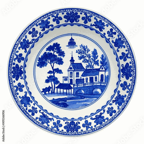 Ceramic Myths: Blue Willow in Watercolor plate blue isolated vector illustration svg