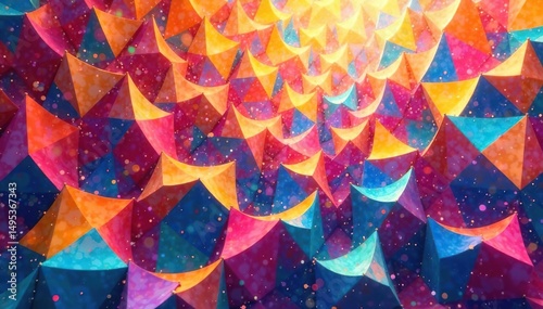 Abstract geometric shapes repeat infinitely creating a vibrant textile design , tone, background