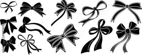 Black Silhouette Set of Bows and Female Profiles