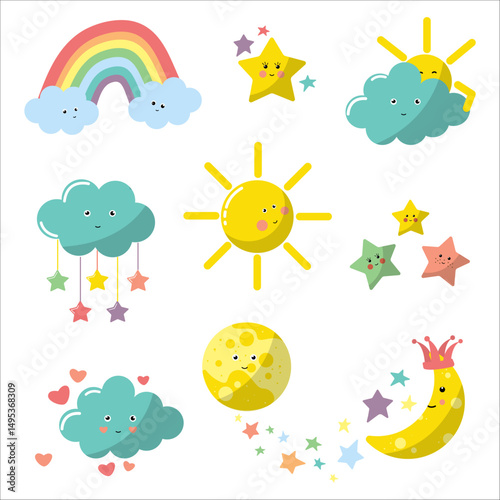 sky collection with star, rainbow, cloud, moon, sun in cartoon style. Weather icons, kids friendly design. Cards for children. Vector illustration