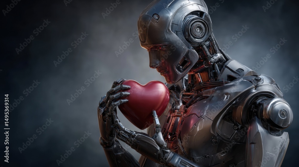Fototapeta premium Artificial Affection: A futuristic humanoid robot tenderly cradles a symbolic heart, merging technology and emotion in a thought-provoking display.