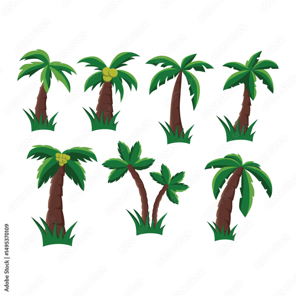 Obraz premium Collection of Cartoon Coconut Palm Trees with Green Fronds and Brown Trunks