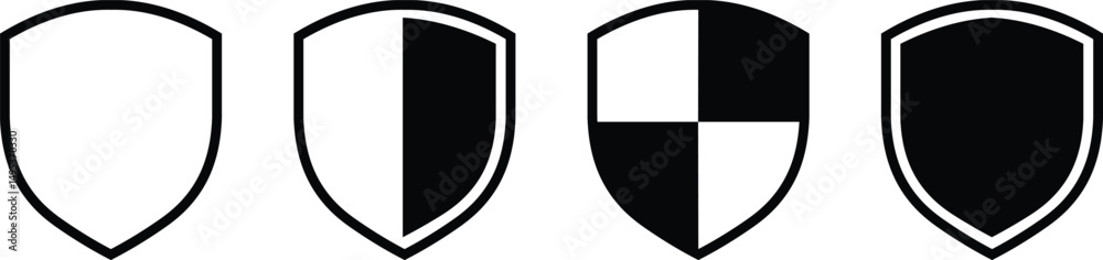 Fototapeta premium Shield silhouette icon set. Protect shield security icon collection. Shield badge quality symbol isolated on transparent background. Design elements for safety and protection. Vector illustration.