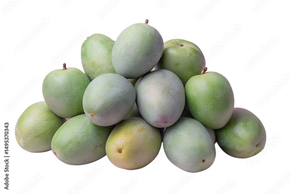 Obraz premium Green Mangoes Cluster of Unripe Fruit Isolated on Transparent Background