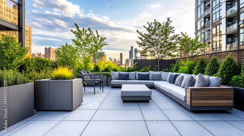 A luxurious rooftop terrace offers a comfortable lounge area with panoramic city skyline views.