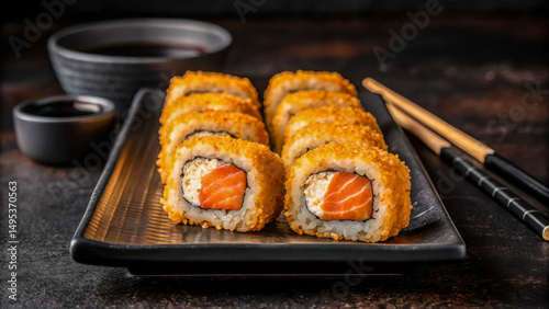 Delicious salmon sushi roll japanese cuisine food photography close up