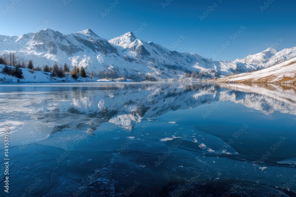 Obraz premium Frozen Lake Reflecting Snow-Capped Mountains Under Clear Blue Sky, Showcasing Winter Scenery and Environmental Preservation Efforts : Generative AI