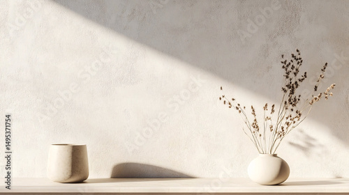 A minimalist still life featuring a vase with dried flowers illuminated by natural light and shadows.