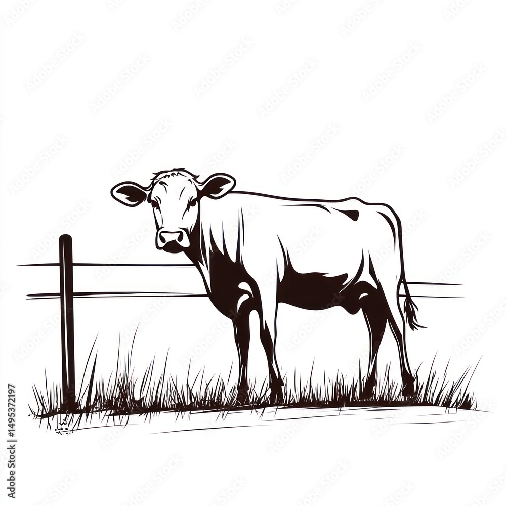 Fototapeta premium Cow grazing pasture fence farm illustration